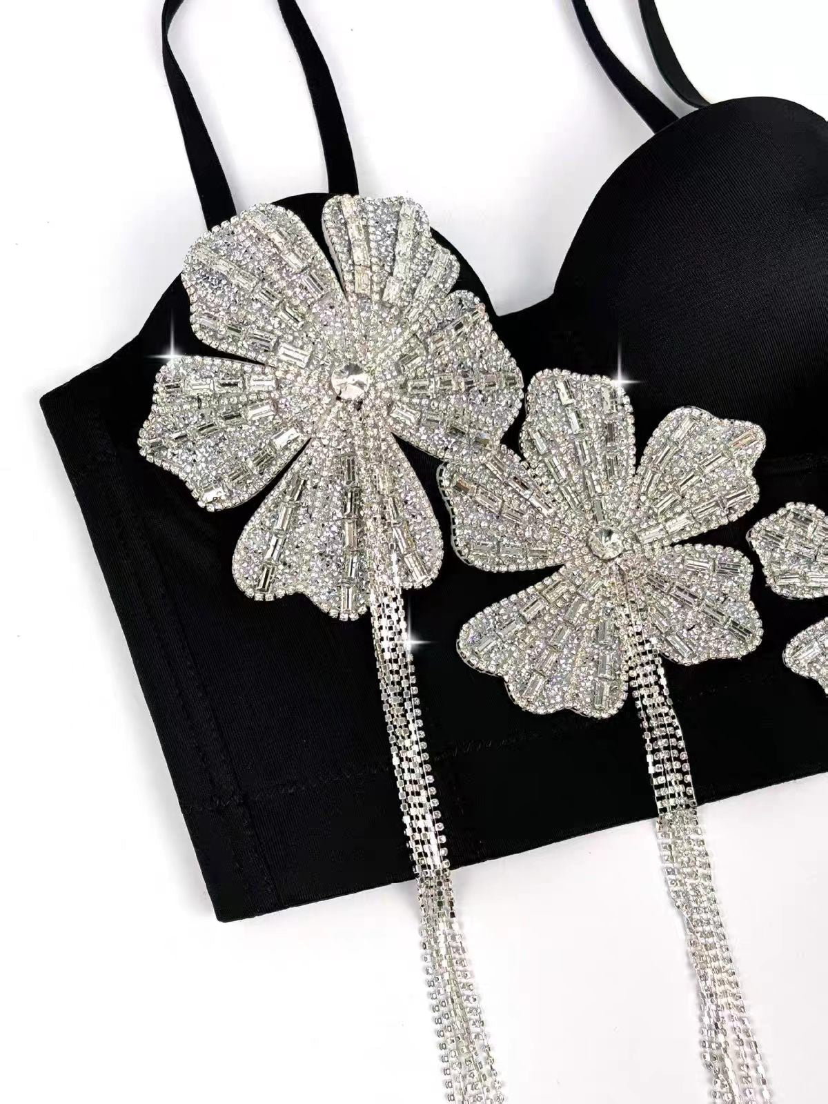 Spaghetti Strap 3D Rhinestone Flower Tassel Fringe Corset Bustier Top sis label