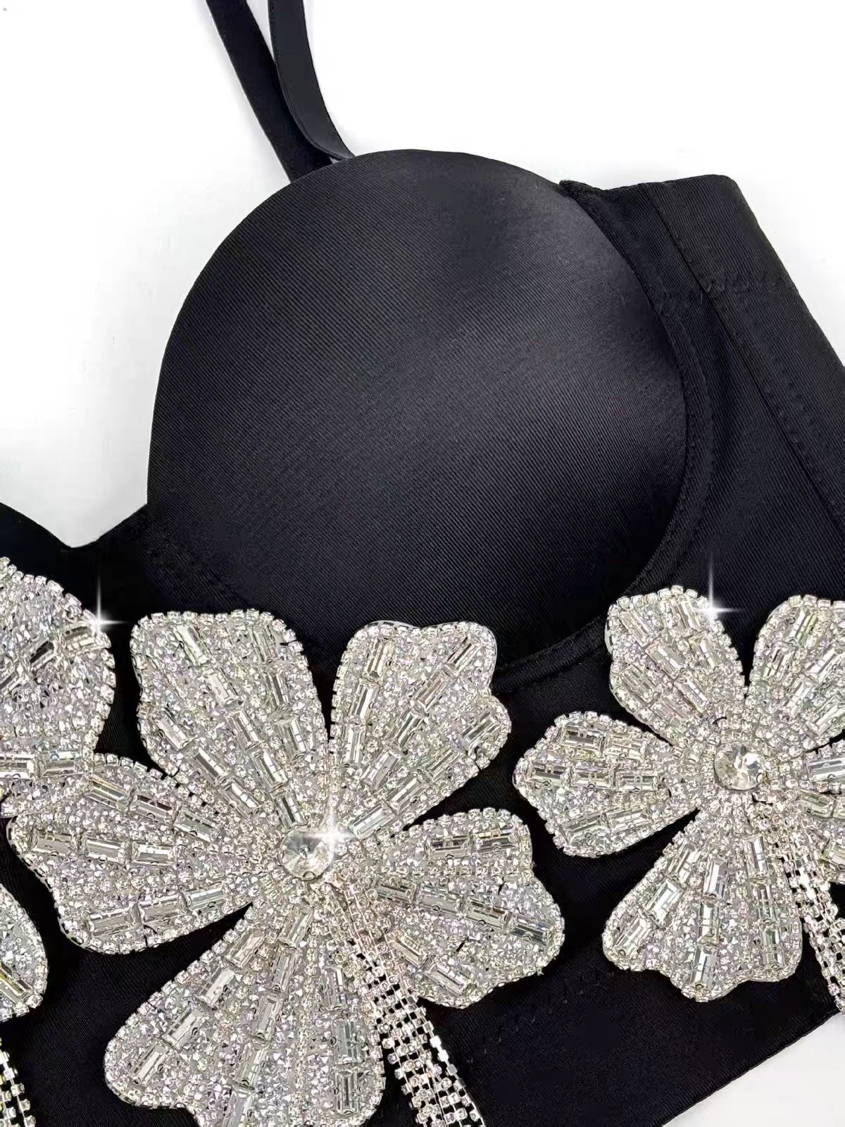 Spaghetti Strap 3D Rhinestone Flower Tassel Fringe Corset Bustier Top sis label