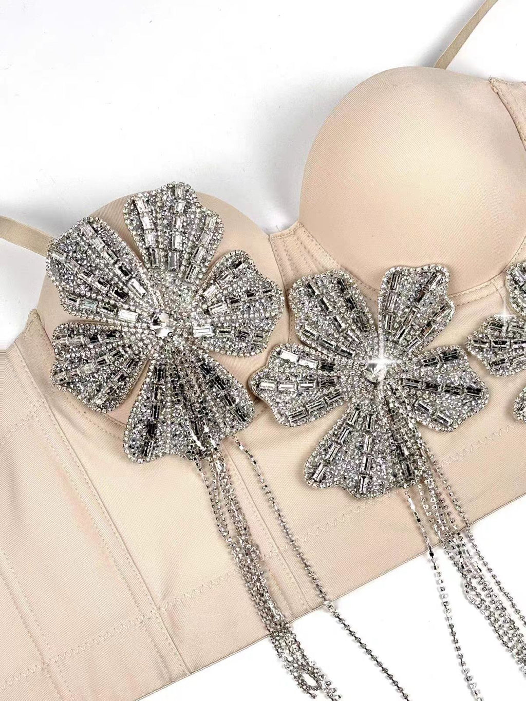 Spaghetti Strap 3D Rhinestone Flower Tassel Fringe Corset Bustier Top sis label