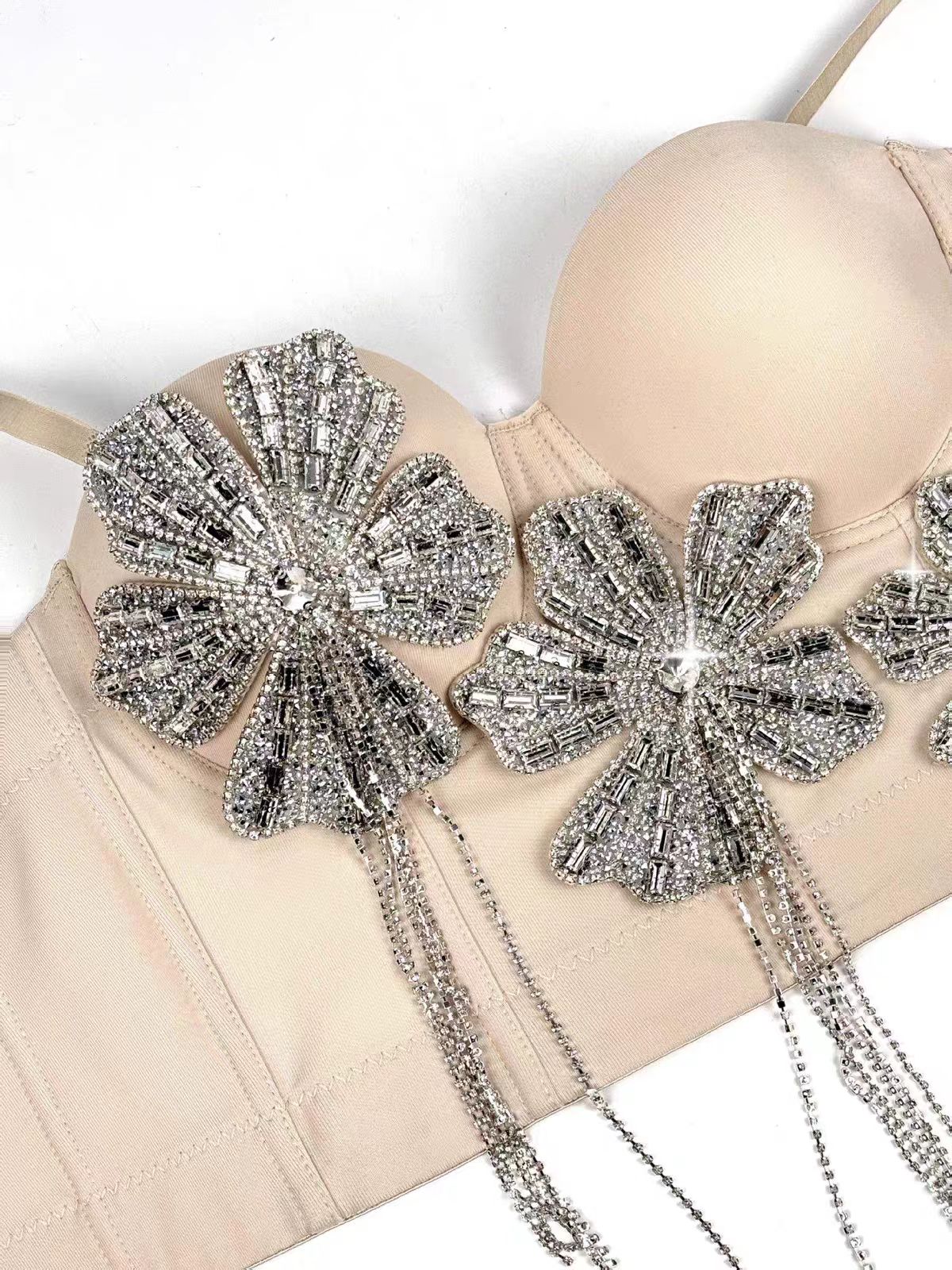 Spaghetti Strap 3D Rhinestone Flower Tassel Fringe Corset Bustier Top sis label
