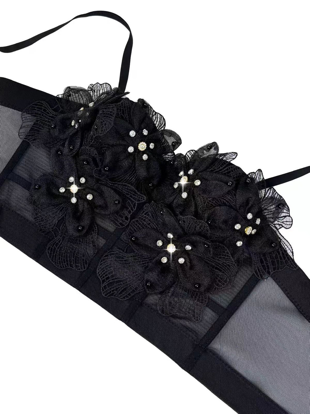 Spaghetti Strap Sheer Mesh 3D Tulle Flower Rhinestone Pearl Corset Bustier Top sis label