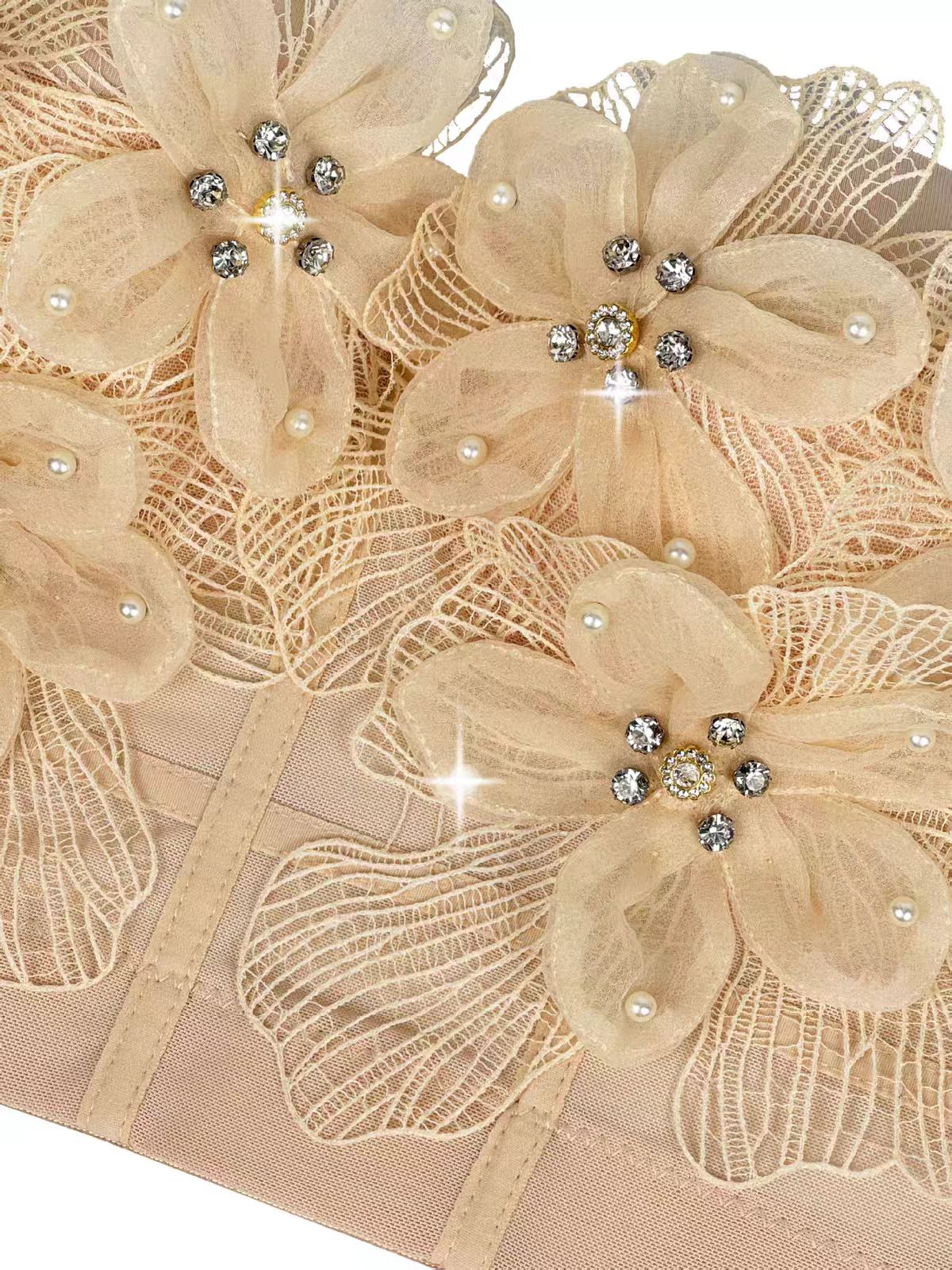 Spaghetti Strap Sheer Mesh 3D Tulle Flower Rhinestone Pearl Corset Bustier Top sis label