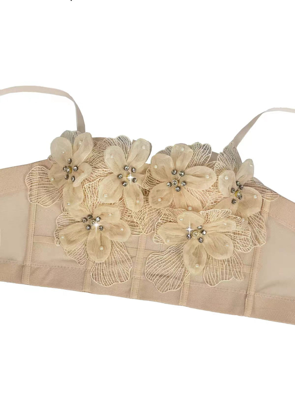 Spaghetti Strap Sheer Mesh 3D Tulle Flower Rhinestone Pearl Corset Bustier Top sis label