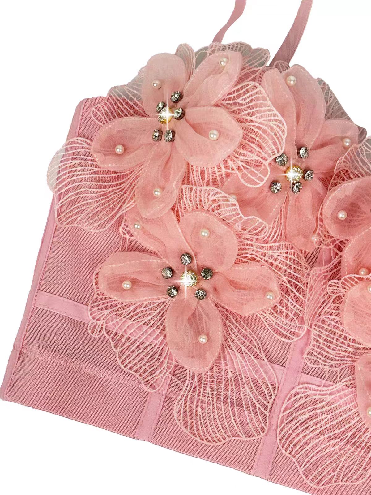 Spaghetti Strap Sheer Mesh 3D Tulle Flower Rhinestone Pearl Corset Bustier Top sis label