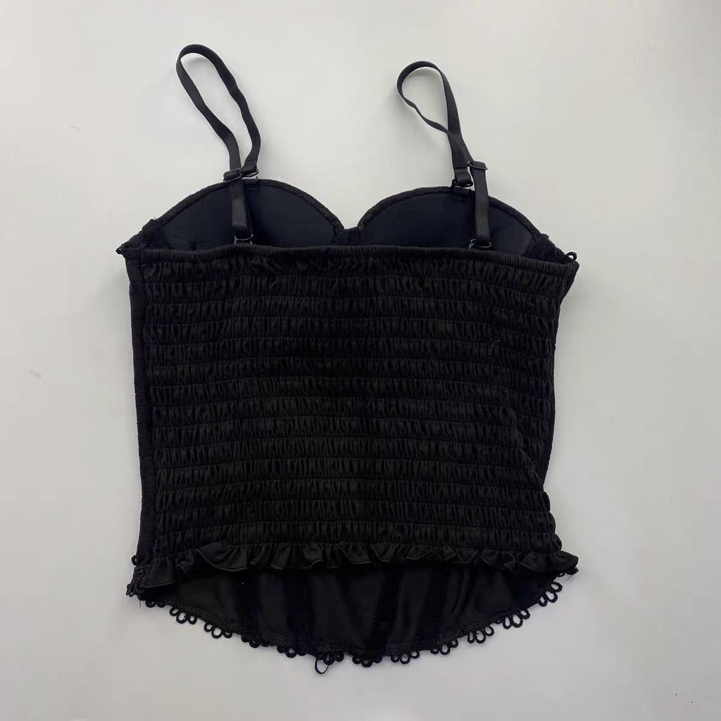 Adjustable Strap Two-Tone Floral Lace Front Lace-Up Cropped Corset Bustier Top sis label