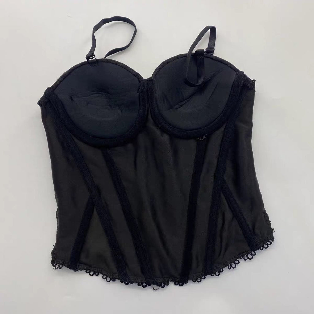 Adjustable Strap Two-Tone Floral Lace Front Lace-Up Cropped Corset Bustier Top sis label