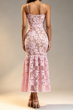 Pink Hollow Floral Crochet Lace Thin Spaghetti Strap Scalloped Neck Fishtail Mermaid Dress - Avalabel