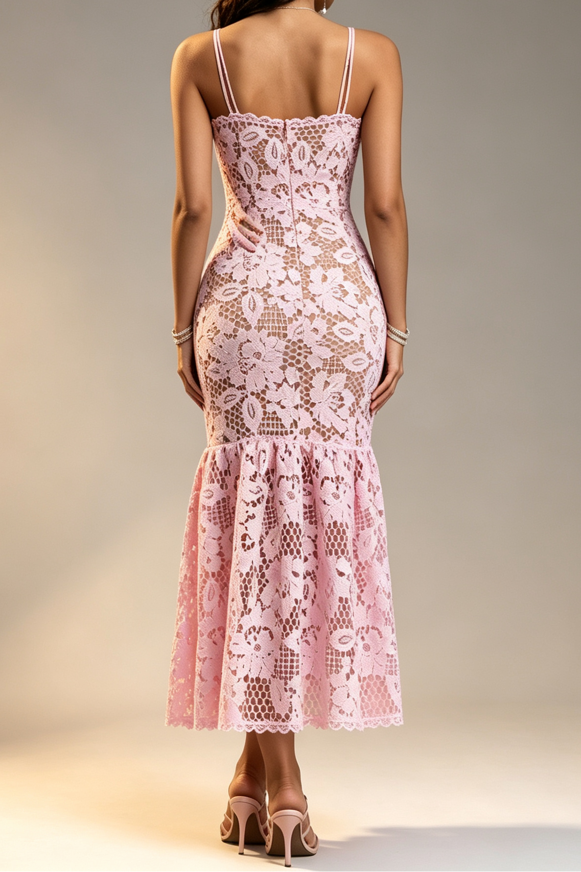 Pink Hollow Floral Crochet Lace Thin Spaghetti Strap Scalloped Neck Fishtail Mermaid Dress - Avalabel