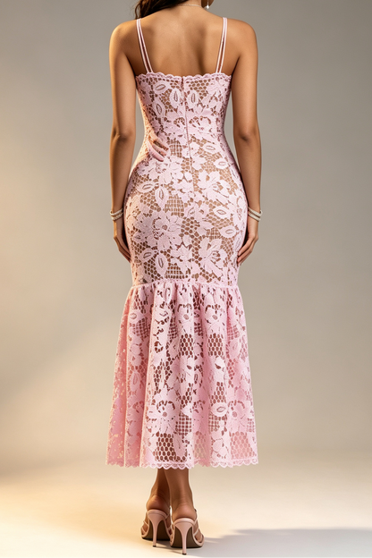 Pink Hollow Floral Crochet Lace Thin Spaghetti Strap Scalloped Neck Fishtail Mermaid Dress