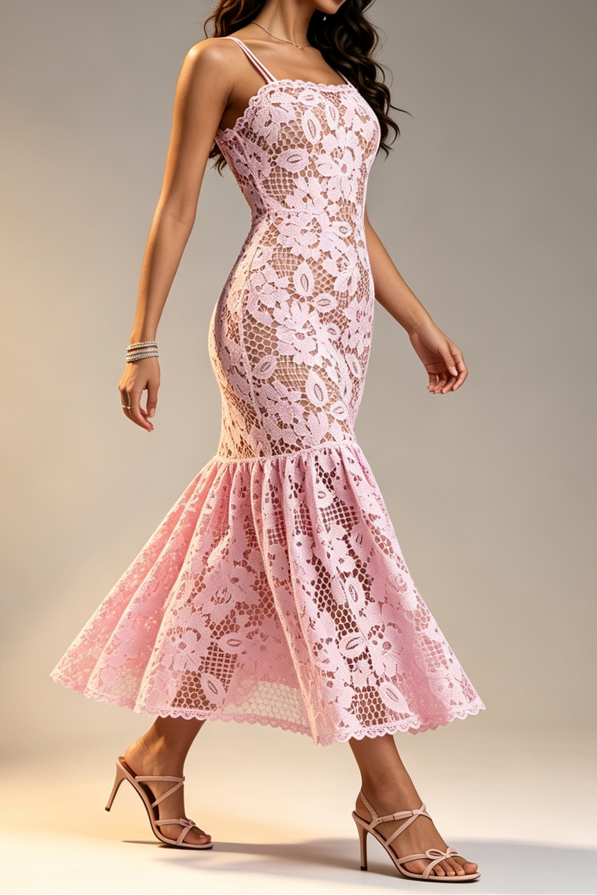Pink Hollow Floral Crochet Lace Thin Spaghetti Strap Scalloped Neck Fishtail Mermaid Dress - Avalabel