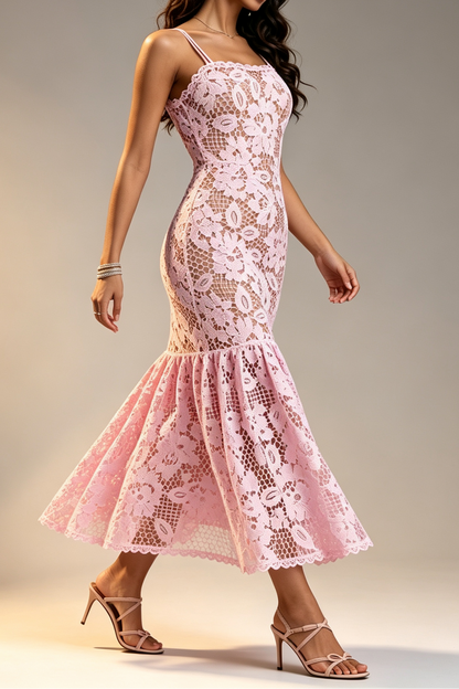 Pink Hollow Floral Crochet Lace Thin Spaghetti Strap Scalloped Neck Fishtail Mermaid Dress