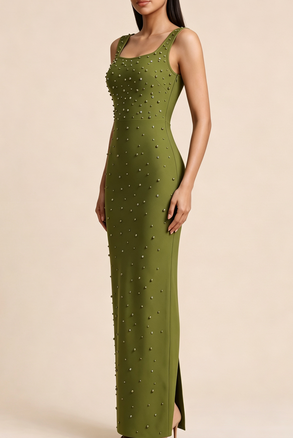Square Neck Sleeveless Rhinestone Mermaid Maxi Dress poava