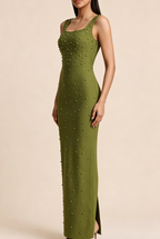Square Neck Sleeveless Rhinestone Mermaid Maxi Dress poava