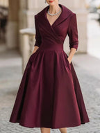 Vintage-Inspired Satin Midi Dress With Draped Collar Avalabel