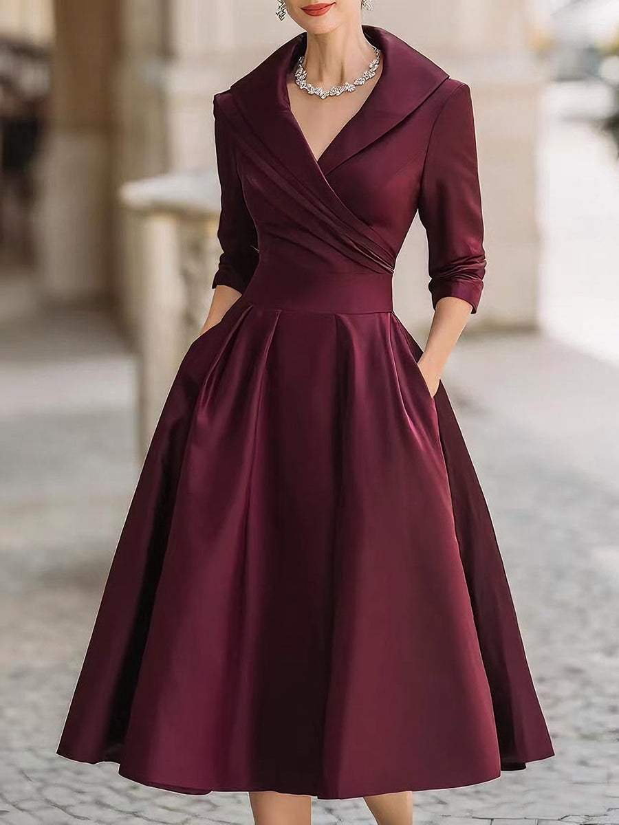 Vintage-Inspired Satin Midi Dress With Draped Collar Avalabel