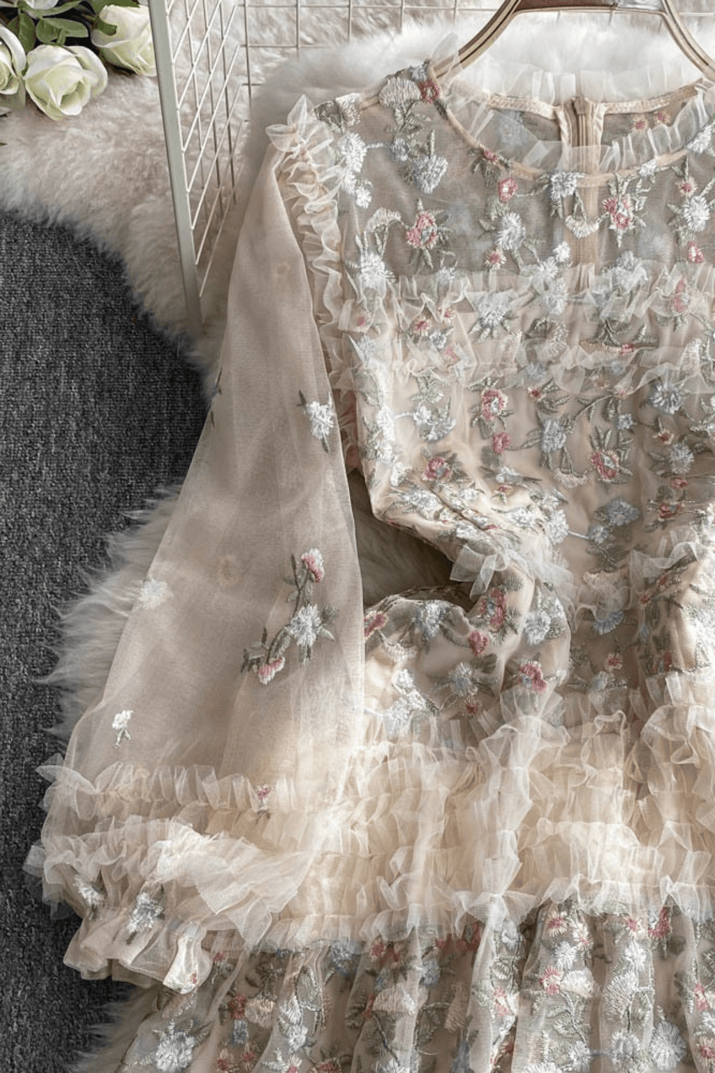 Lily Champagne Floral Embroidered Tiered Tulle Maxi Dress Avalabel