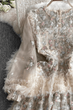 Lily Champagne Floral Embroidered Tiered Tulle Maxi Dress Avalabel