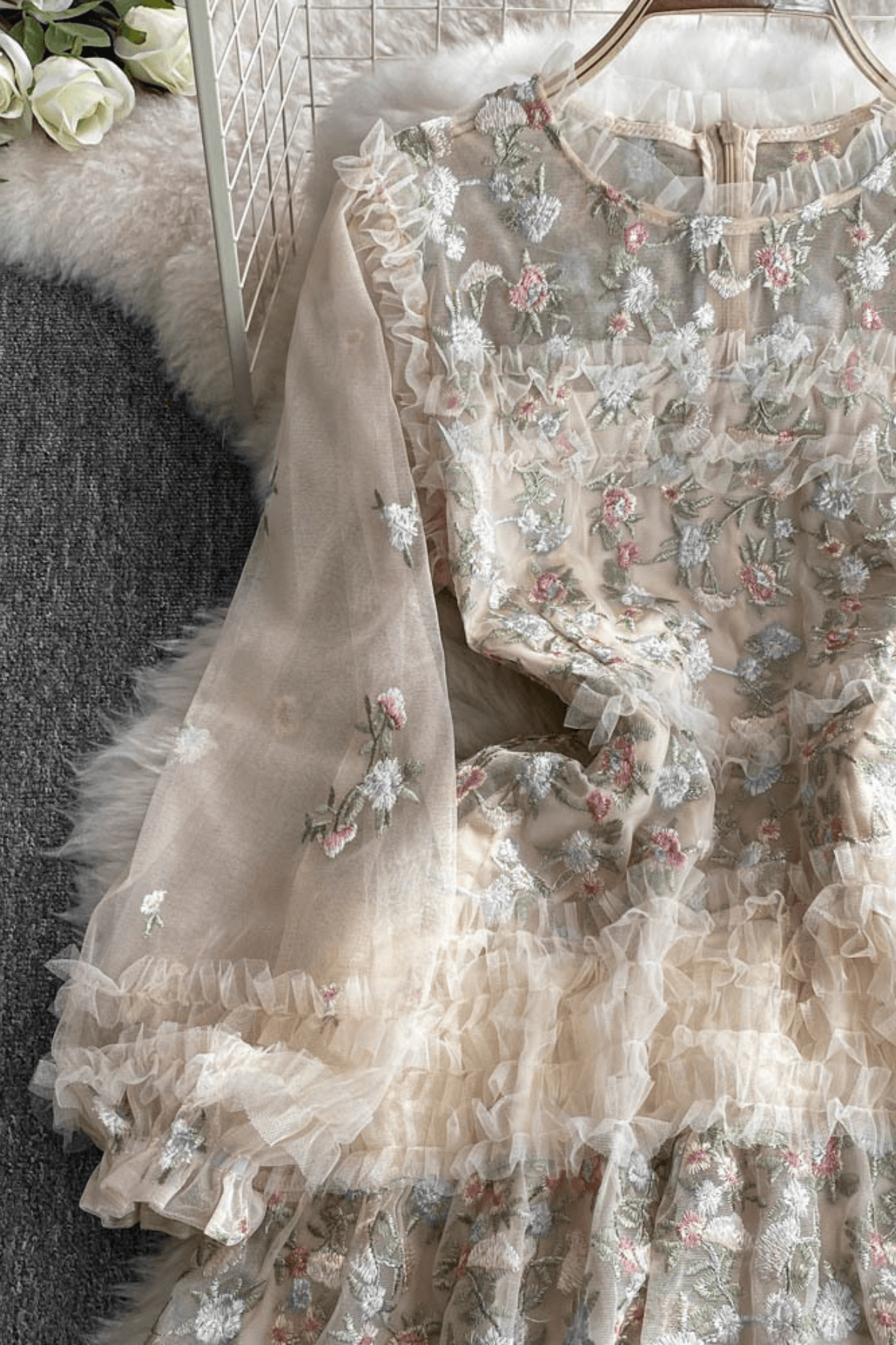 Lily Champagne Floral Embroidered Tiered Tulle Maxi Dress Avalabel
