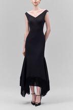 Lila Sleeve V Neck Bodycon Fringe Hem Asymmetrical Black Dress Avalabel
