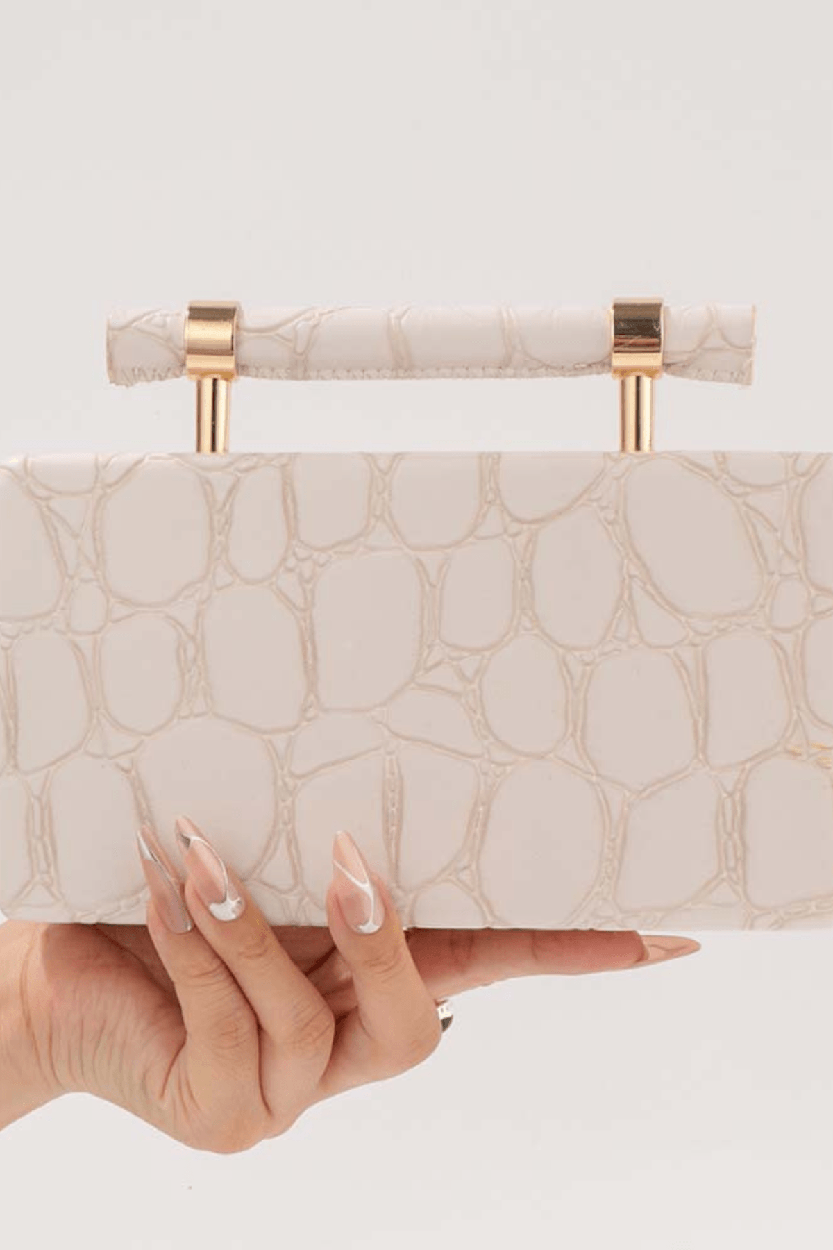 Ivory Croc Embossed Top Handle Evening Clutch Avalabel