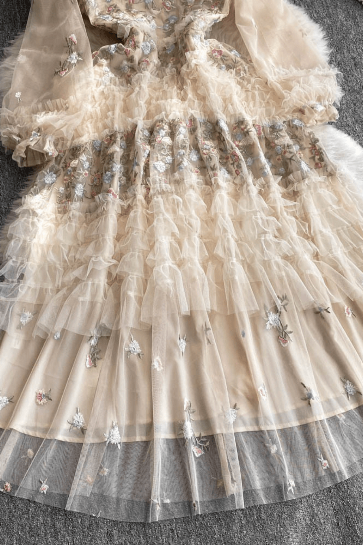 Lily Champagne Floral Embroidered Tiered Tulle Maxi Dress Avalabel
