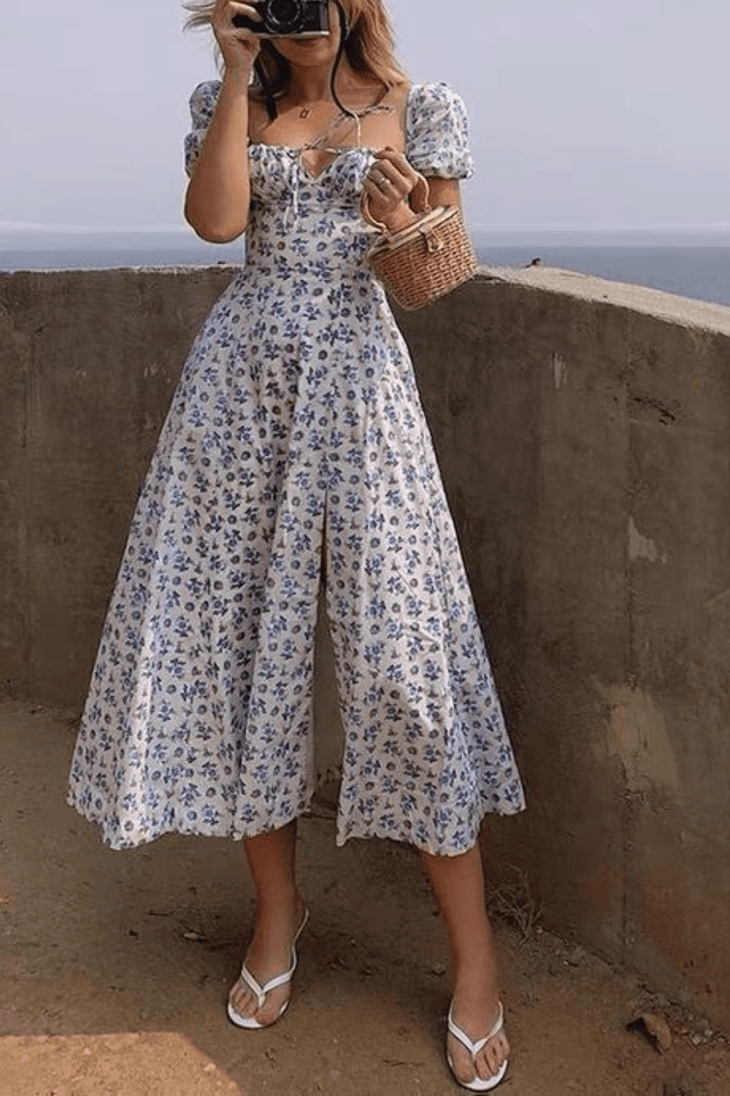 Jenny Blue Floral Puff Sleeve Midi Dress Avalabel