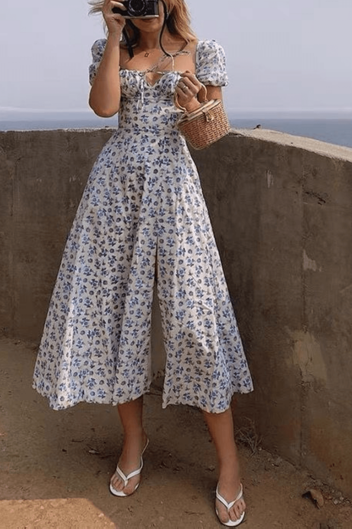 Jenny Blue Floral Puff Sleeve Midi Dress Avalabel