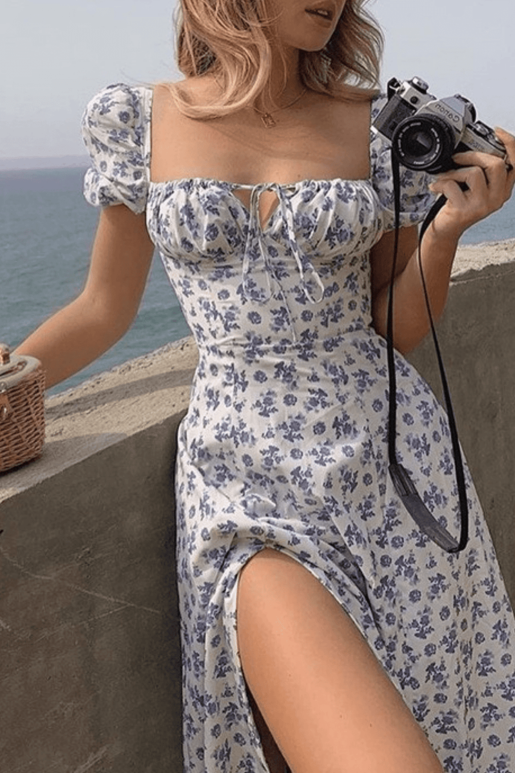 Jenny Blue Floral Puff Sleeve Midi Dress Avalabel