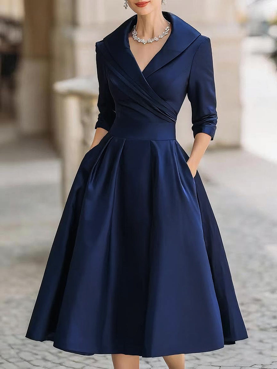 Vintage-Inspired Satin Midi Dress With Draped Collar Avalabel