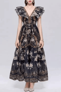 Elena Black Vintage Floral Ruffle Tiered Dress Avalabel