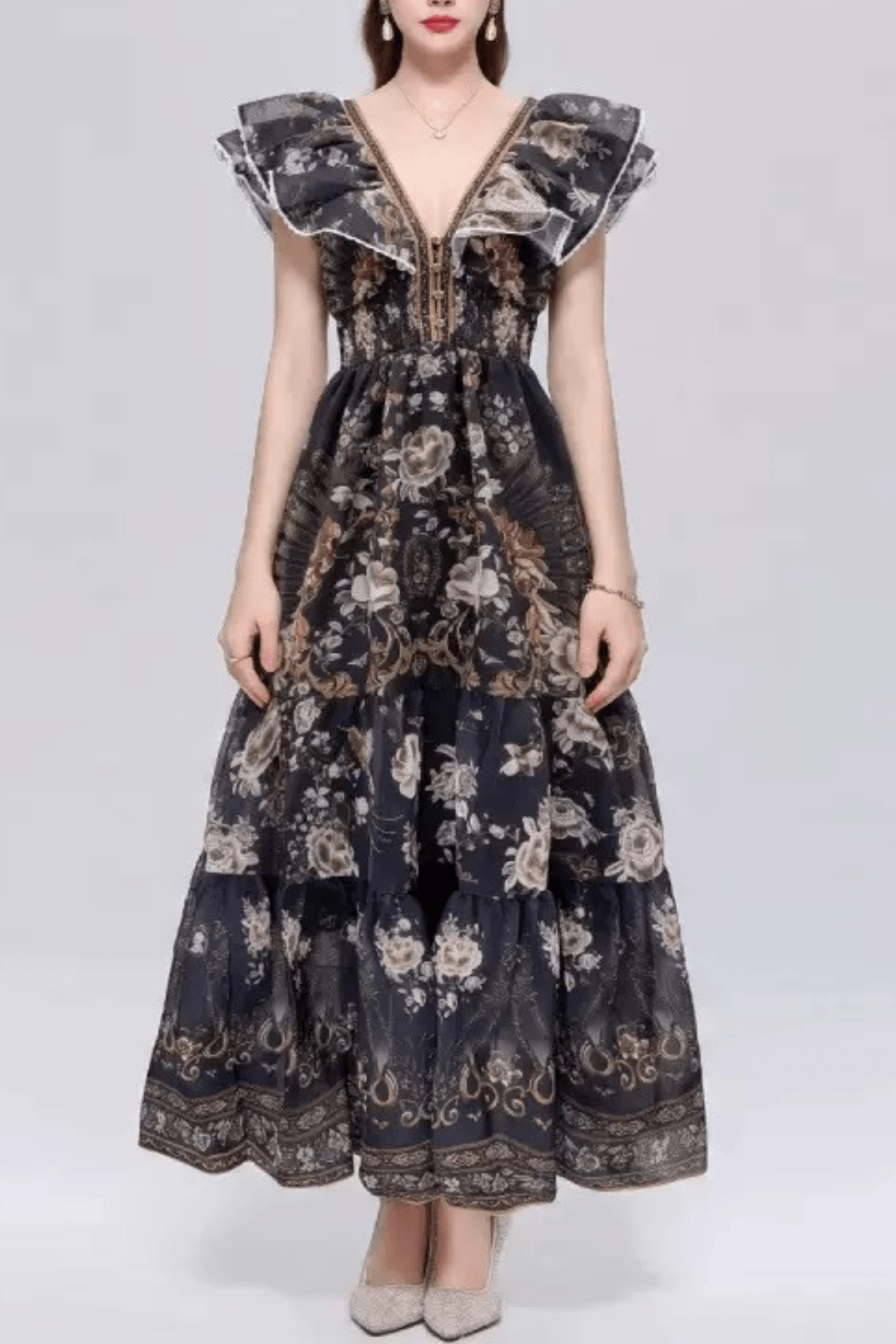 Elena Black Vintage Floral Ruffle Tiered Dress Avalabel