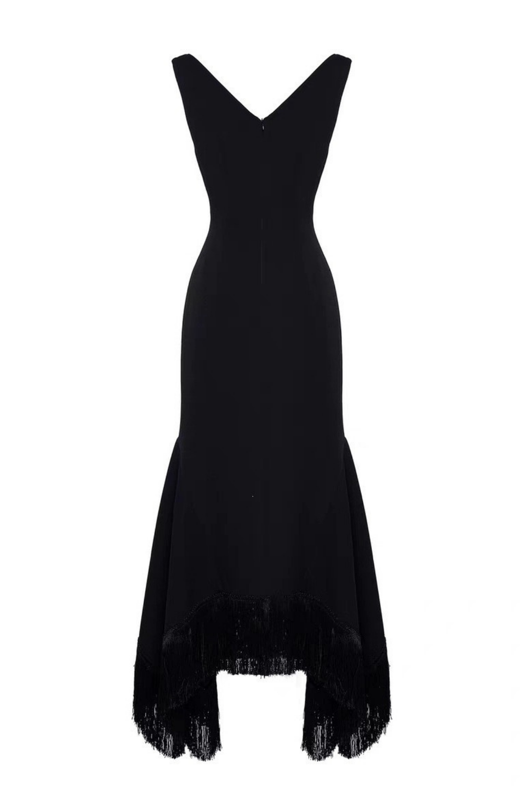 Lila Sleeve V Neck Bodycon Fringe Hem Asymmetrical Black Dress Avalabel