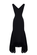 Lila Sleeve V Neck Bodycon Fringe Hem Asymmetrical Black Dress Avalabel