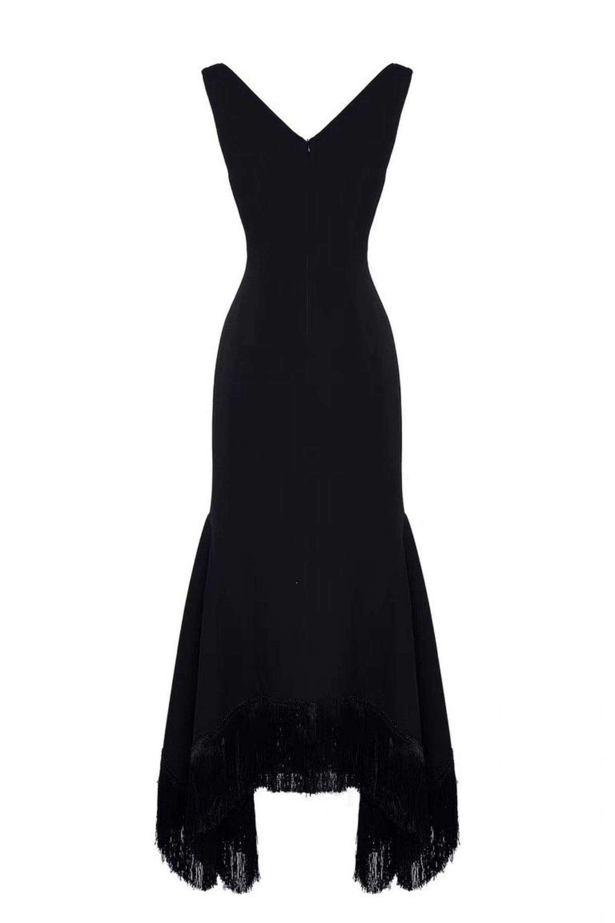 Lila Sleeve V Neck Bodycon Fringe Hem Asymmetrical Black Dress Avalabel