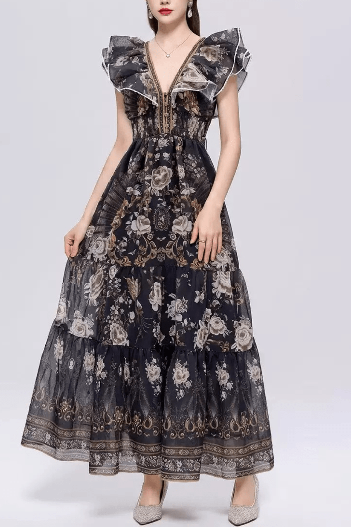 Elena Black Vintage Floral Ruffle Tiered Dress Avalabel