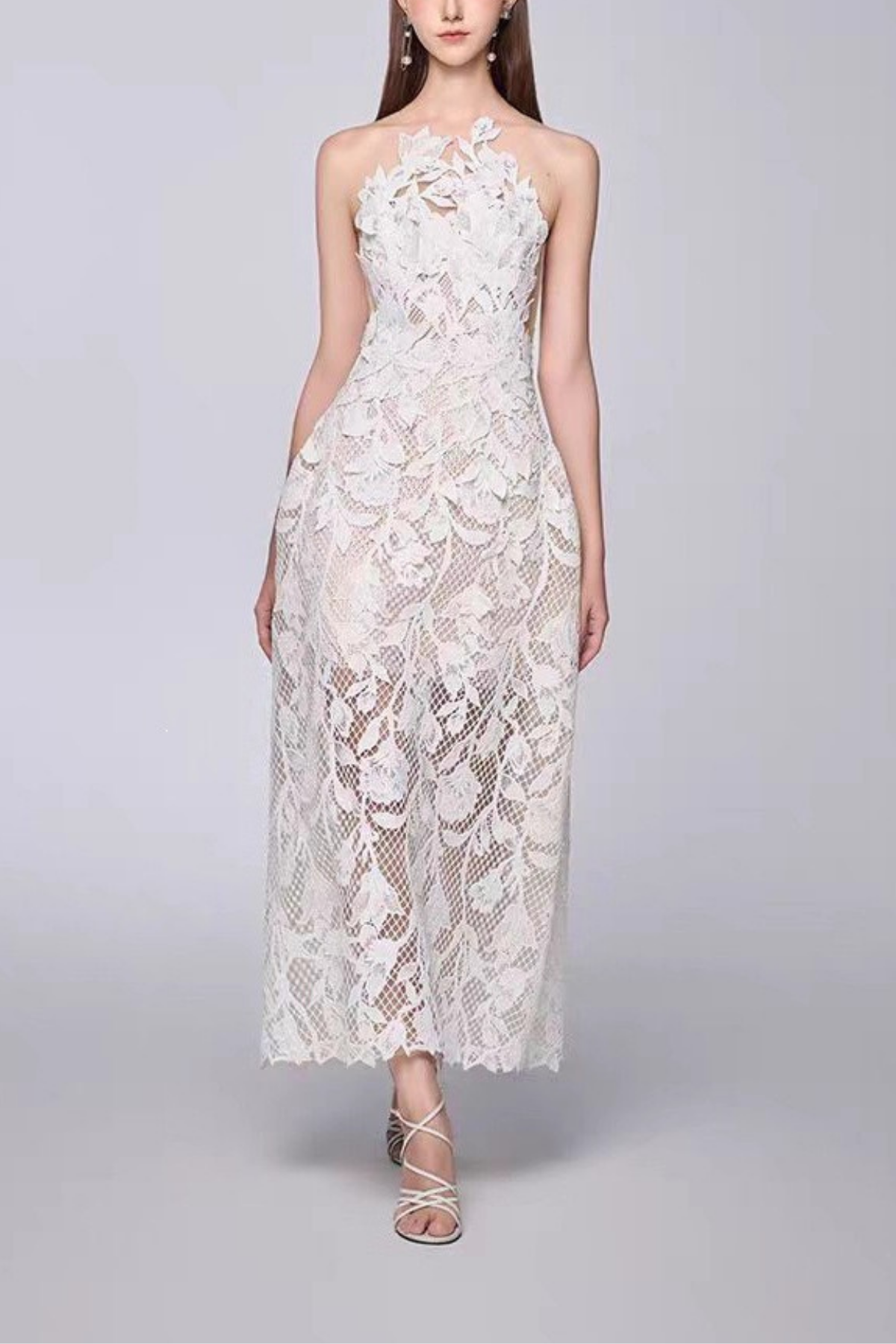 Iris Strapless 3D Floral Lace Sheer Midi White Dress Avalabel