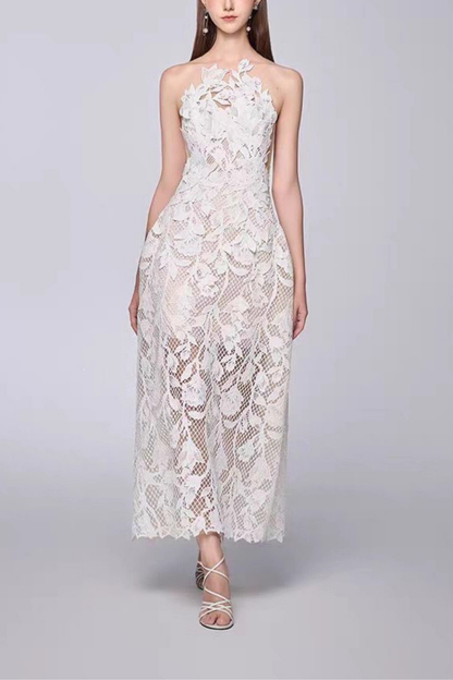Iris Strapless 3D Floral Lace Sheer Midi White Dress Avalabel