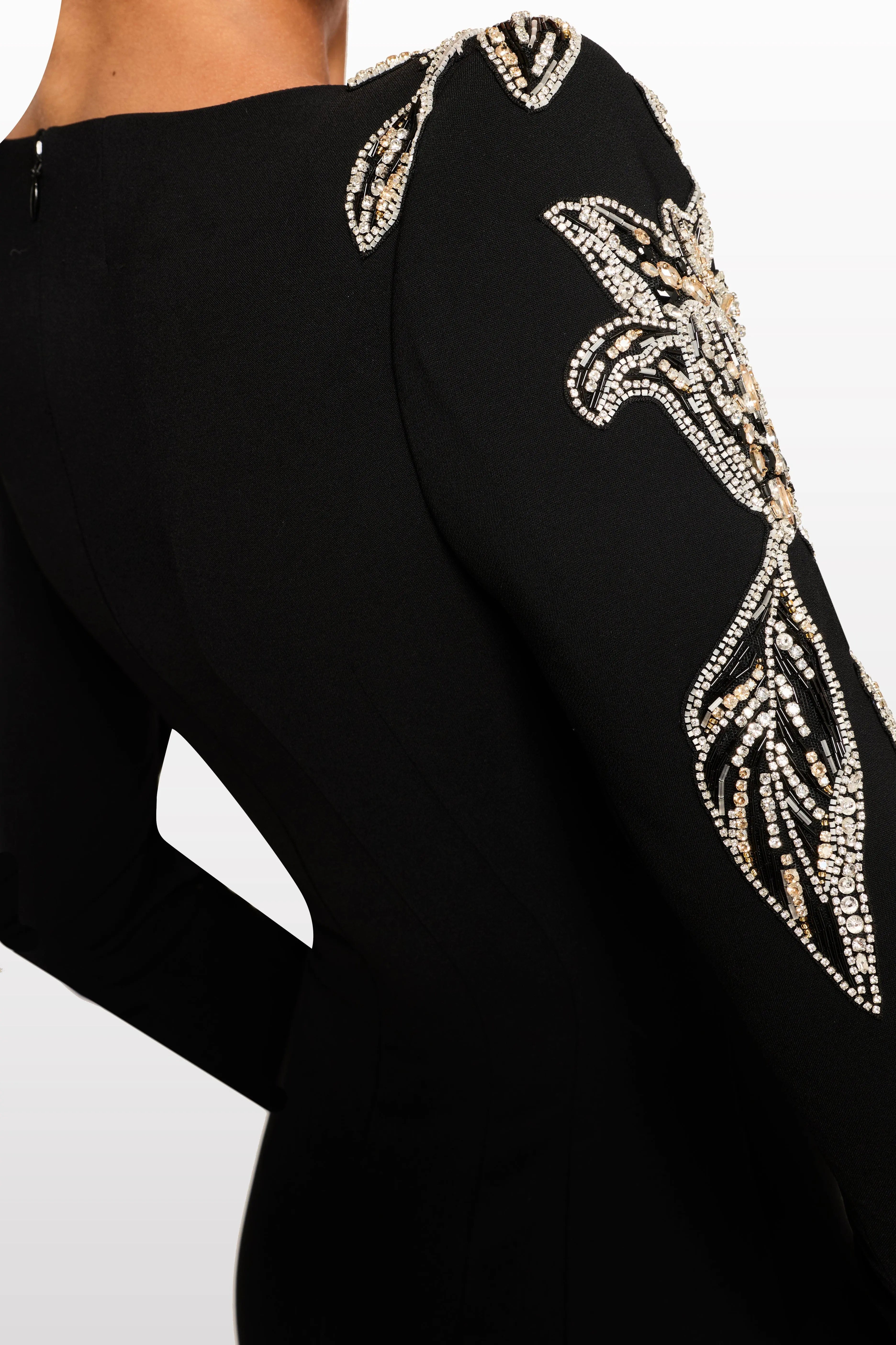 monica rhinestone Orchid Floral-Embellished Maxi Dress in black Avalabel