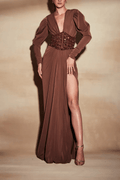 Sylvia Brown Puff Sleeve Deep V High Slit Dress Avalabel