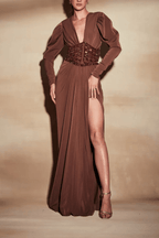 Sylvia Brown Puff Sleeve Deep V High Slit Dress Avalabel