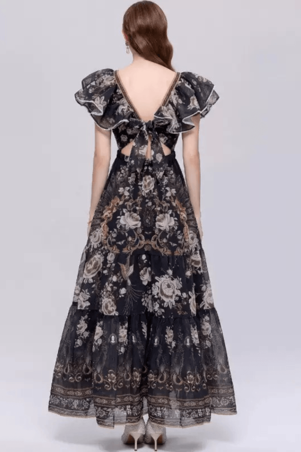 Elena Black Vintage Floral Ruffle Tiered Dress Avalabel