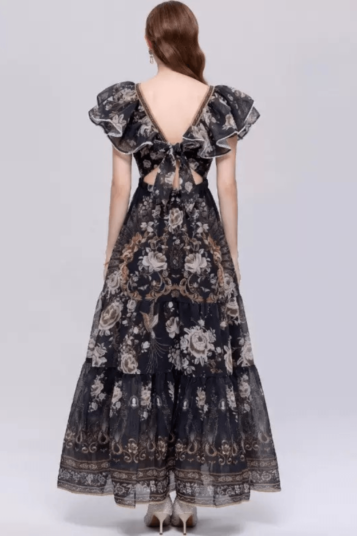 Elena Black Vintage Floral Ruffle Tiered Dress Avalabel