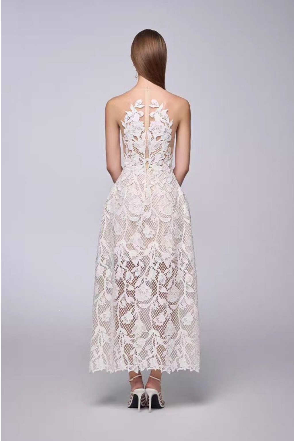 Iris Strapless 3D Floral Lace Sheer Midi White Dress Avalabel