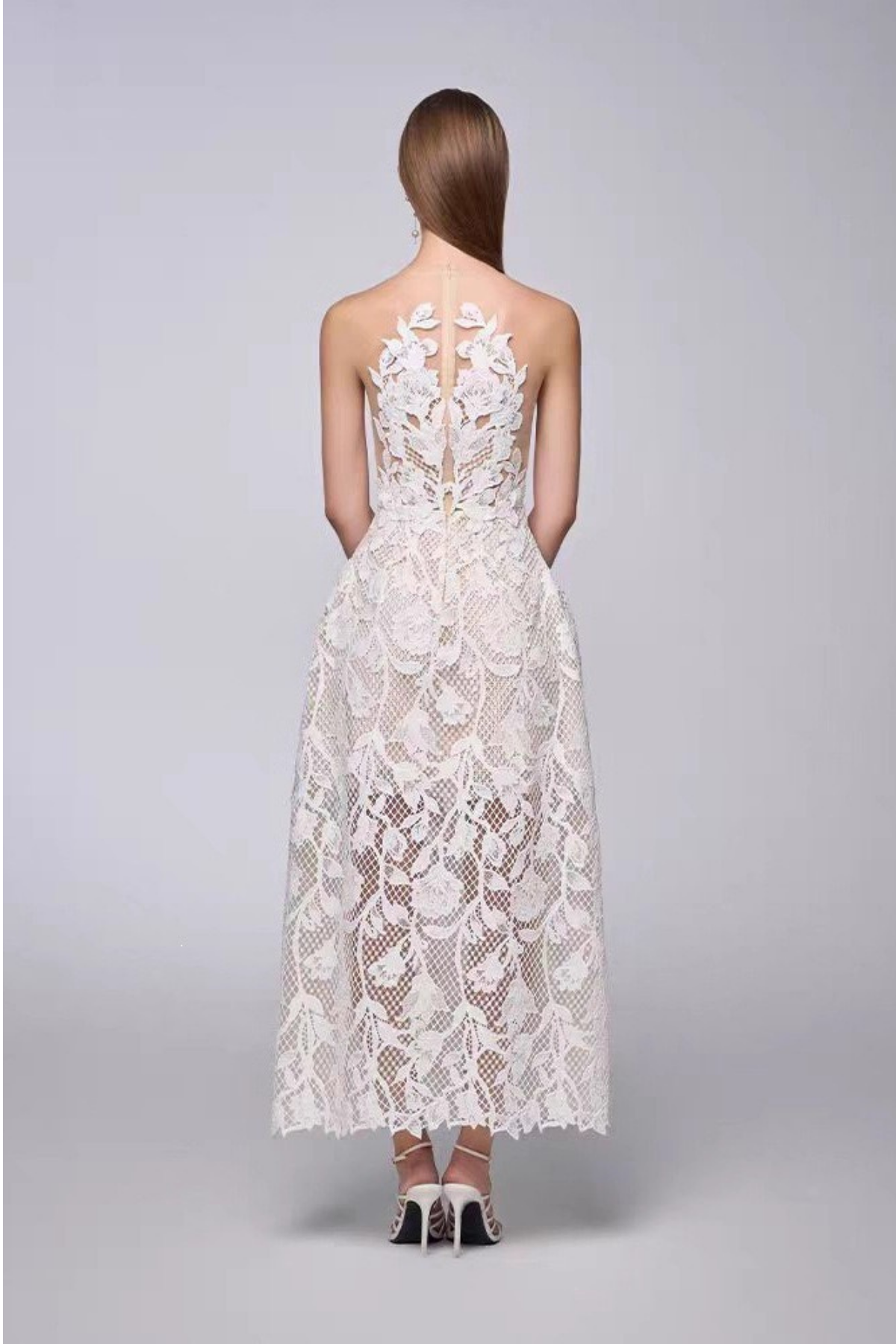 Iris Strapless 3D Floral Lace Sheer Midi White Dress Avalabel