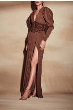 Sylvia Brown Puff Sleeve Deep V High Slit Dress Avalabel
