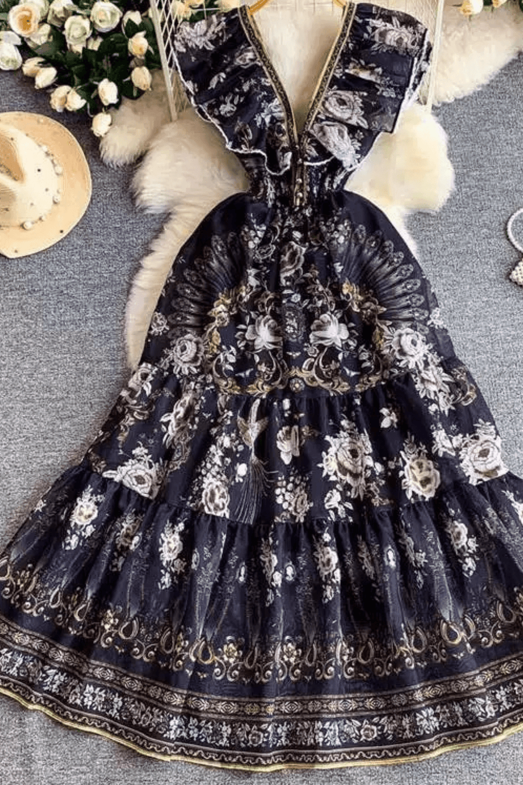 Elena Black Vintage Floral Ruffle Tiered Dress Avalabel
