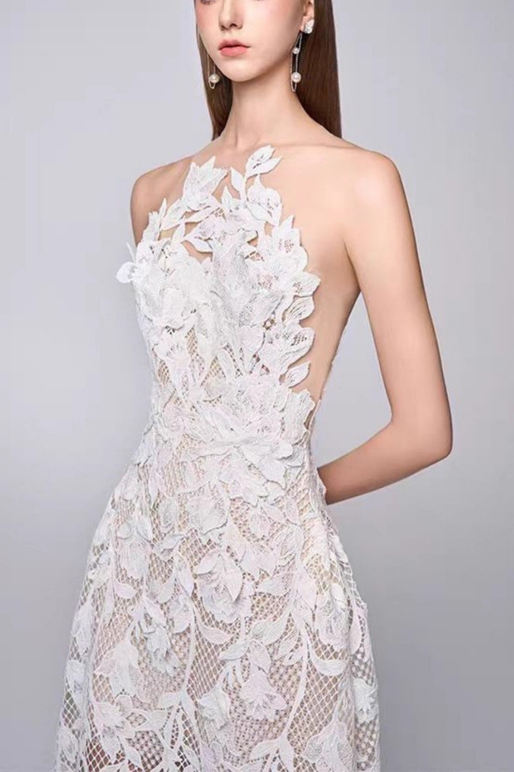 Iris Strapless 3D Floral Lace Sheer Midi White Dress Avalabel