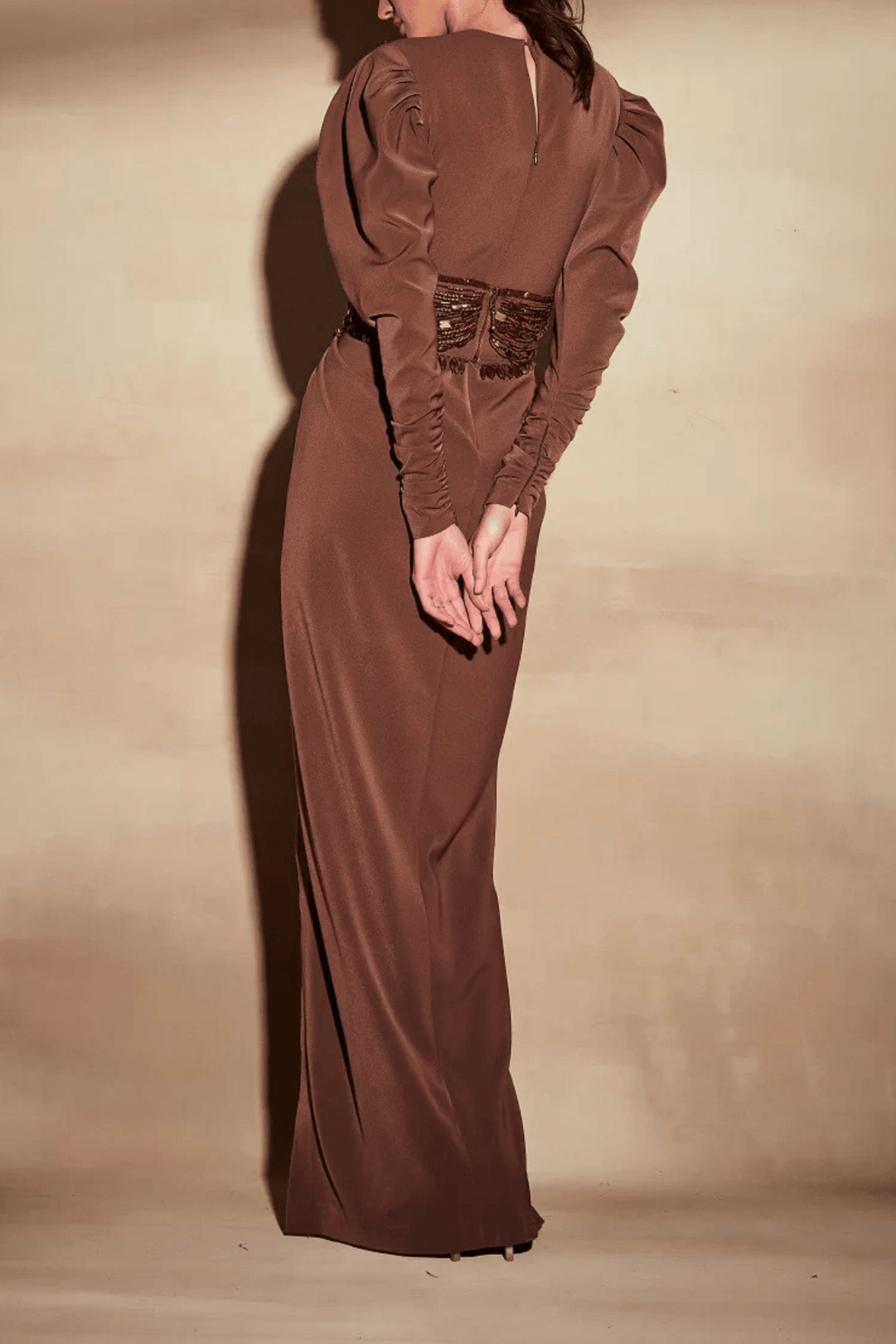 Sylvia Brown Puff Sleeve Deep V High Slit Dress Avalabel