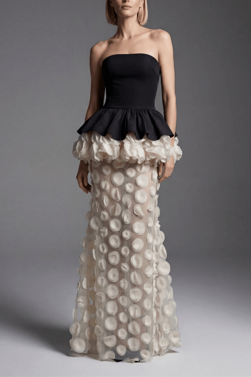 Dara Strapless Peplum 3D Flower Sheer Maxi Dress Avalabel
