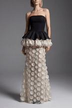 Dara Strapless Peplum 3D Flower Sheer Maxi Dress Avalabel